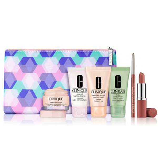 Clinique SET 7pc - Blue and Purple Mosaic Bag - Skin Care, Mascara & Lipstick was