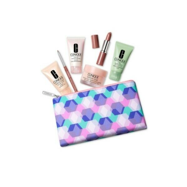 Clinique SET 7pc - Blue and Purple Mosaic Bag - Skin Care, Mascara & Lipstick was